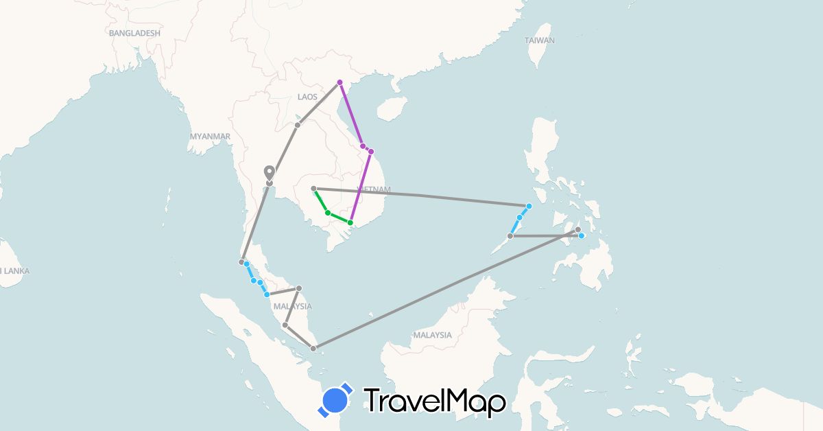 TravelMap itinerary: driving, bus, plane, train, boat in Cambodia, Laos, Malaysia, Philippines, Singapore, Thailand, Vietnam (Asia)